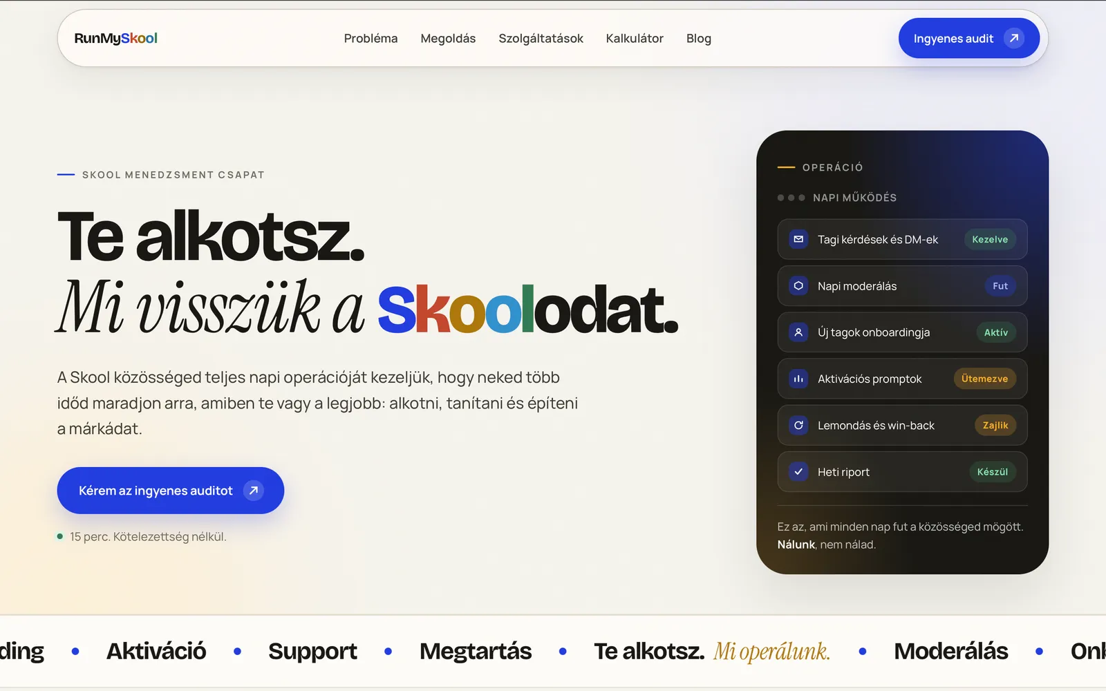 A runmyskool.com kezdőoldala asztali nézetben